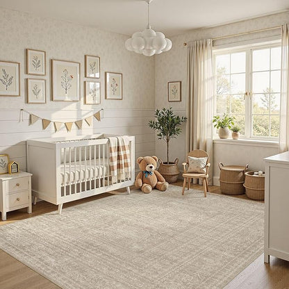 Nakagishi 5x8 Area Rugs Living Room: Washable Large Vintage Rug Neutral Non-Slip Soft Stain Resistant Indoor Carpet for Bedroom Nursery Dining Room Office Playroom - Dark Bown