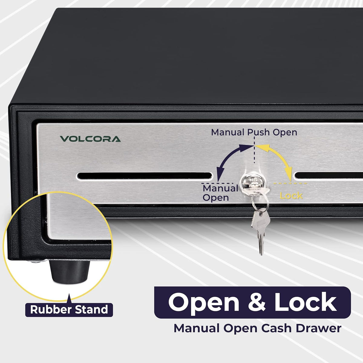 Volcora 16" Manual Push Open Cash Register Drawer for Point of Sale (POS) System - Black and Stainless Steel Front Touch Panel - Durable Cash Drawer with Removable Tray, 5 Bills and 8 Coin Slots