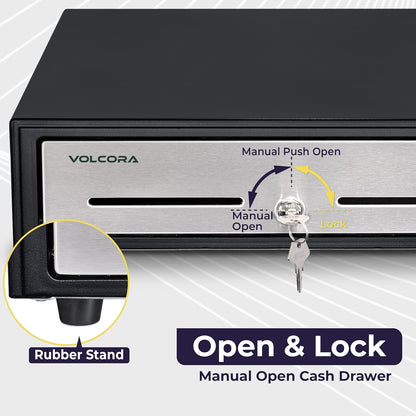 Volcora 16" Manual Push Open Cash Register Drawer for Point of Sale (POS) System - Black and Stainless Steel Front Touch Panel - Durable Cash Drawer with Removable Tray, 5 Bills and 8 Coin Slots