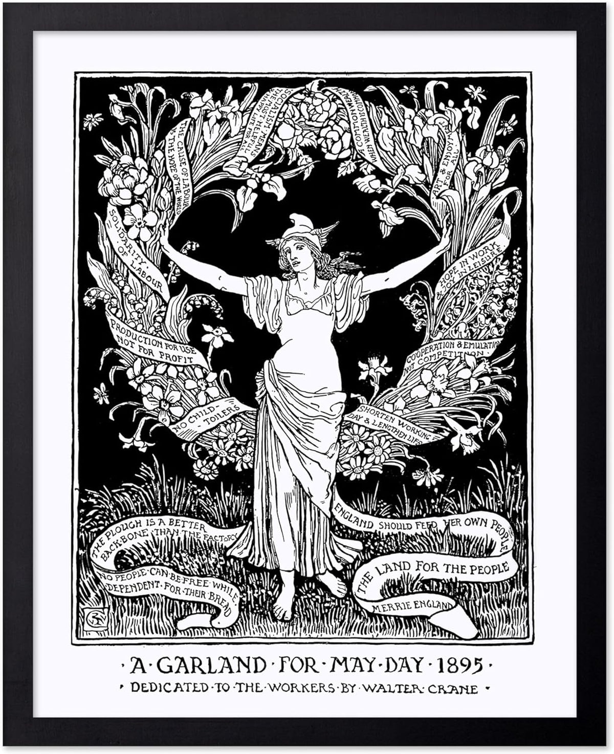Poster Master Vintage Walter Crane Poster - Retro A Garland for May Day Print - Socialist Art - Gift for Him, Her, Men, Women - Wall Decor for Home, Office, Living Room, 11x14 Black Framed