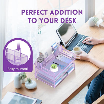 SUPEASY 3 Tier Desk Organizer with Handle & 3 Pen Holders, Mesh Paper/File Organizer for Desk, Paper Letter Tray Organizer for Office Supplies (Light Purple)