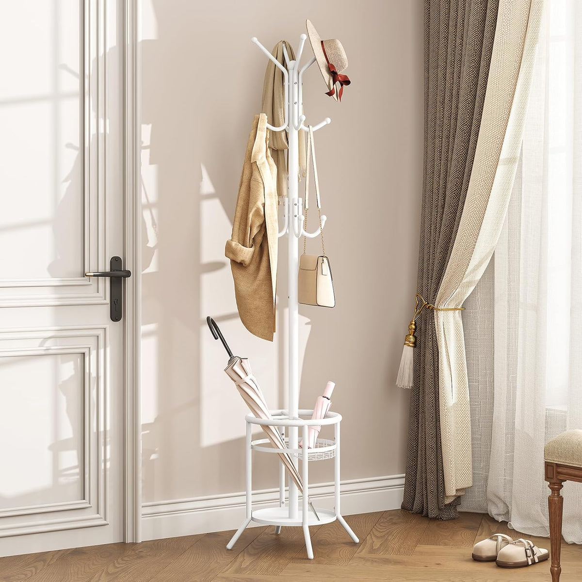 ELYKEN Coat Rack Freestanding, Metal Coat Rack Stand with Umbrella Holder, Modern Coat Tree with 12 Hooks, Floor Standing Corner Hall Tree for Entryway Living Room Bedroom Office, White