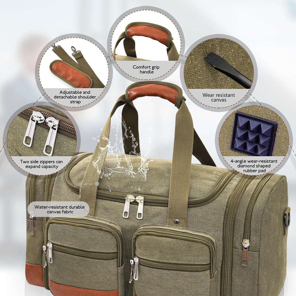 Canvas Duffle Bag For Travel, 50L Expandable Carry on Overnight Travel Duffel Bags with Laptop Compartments Weekend Gym Bag for Men(Green)