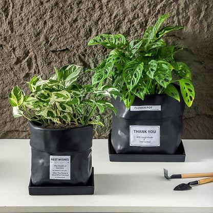 Nihow Ceramic Plant Pot: 6 Inch Planter with Drainage Hole & Square Saucer for Herbs/Plants, Bag Shape Design Flower Pot for Indoor & Outdoor Garden Decor - Black