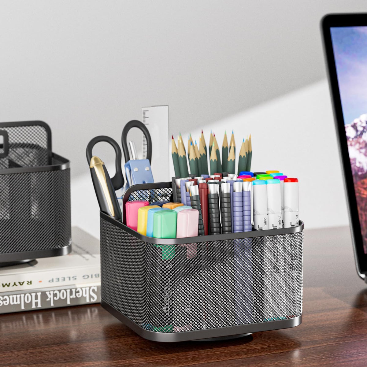 LUCYCAZ 360 Rotating Metal Pencil Pen Holder for Desk, Rotating Pencil Cup with 5 Slots, Dual-Purpose Desk Pen Organizer for Office, School, Home, Square