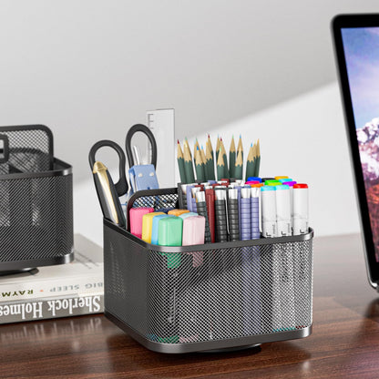 LUCYCAZ 360 Rotating Metal Pencil Pen Holder for Desk, Rotating Pencil Cup with 5 Slots, Dual-Purpose Desk Pen Organizer for Office, School, Home, Square