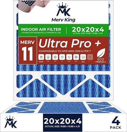MervKing 20x20x4 Air Filter Actual Size: 19.88" x 19.88" x 4.31" MERV 11 MPR 1000-1200 | MADE IN USA | 4-Pack | Pleated HVAC AC Furnace Replacement