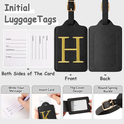 Initial Luggage Tags for Suitcases, Cute Embroidered Letter Luggage Bag Suitcase Identifier Name Baggage Tag, PU Leather Travel Luggage Tags, Bag Tags for Men Women Kids Luggage Handbags(Black H)
