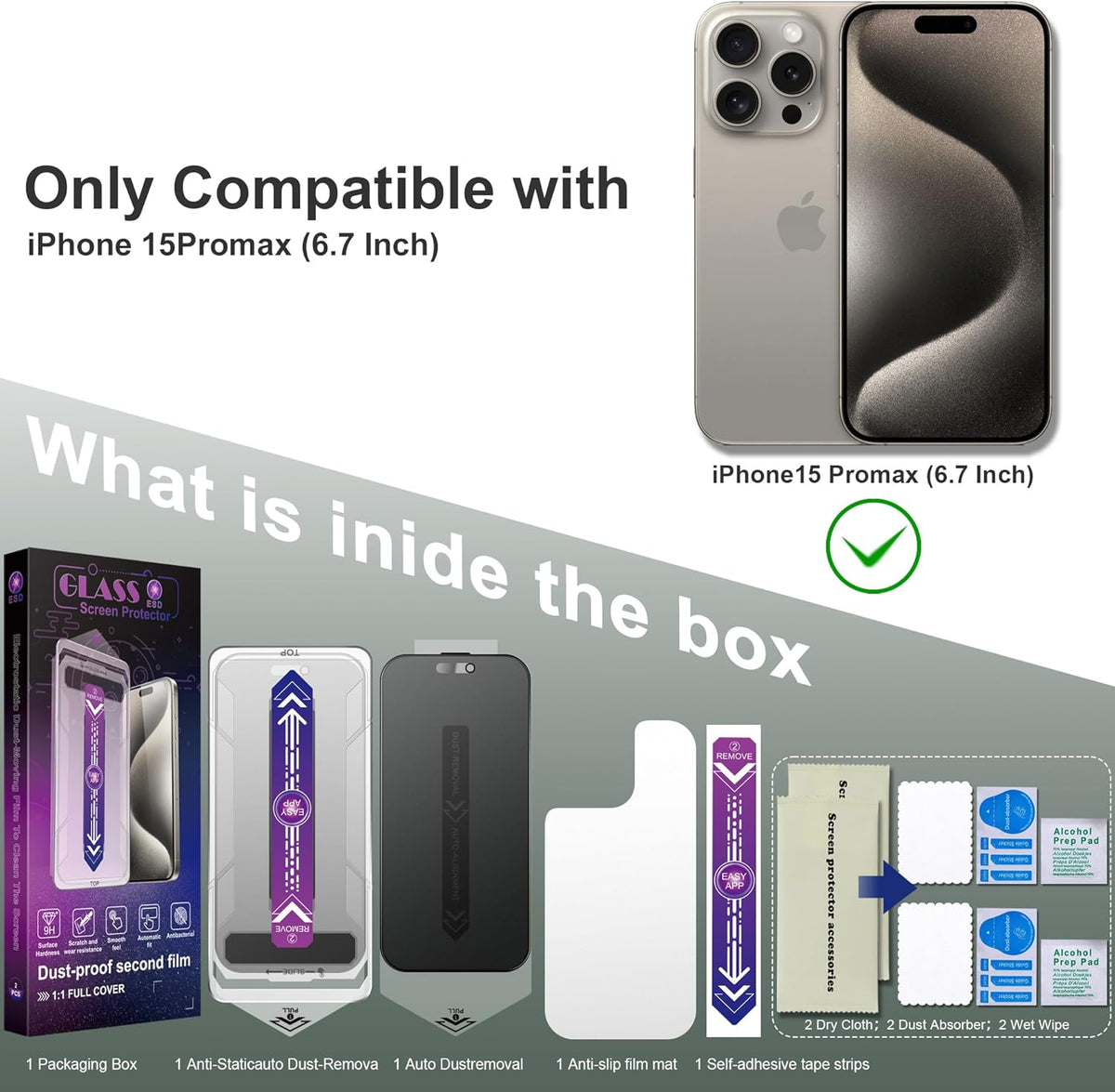 2 Pack Matte Privacy Screen Protector for iPhone 15 Pro Max 6.7-Inch Auto Dust Removal, No Bubbles,Anti-Spy Tempered Glass Film, Easy Installation