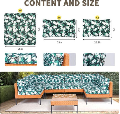 14Piece Outdoor Sofa Cushion Replacement, Patio Furniture Waterproof Cushion with Zippers, fit 6-Seat Outdoor Wicker Rattan Sectional Couch (Palm Leaf, 24.8"x24.8"x3.15")