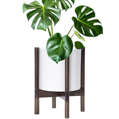 D'vine Dev Planter Pot with Stand - 10 Inch Plastic Cylinder Flower Pot with Wood Planter Holder for Indoor, Matte White Pot + Walnut Color Stand, 55-C-L-1