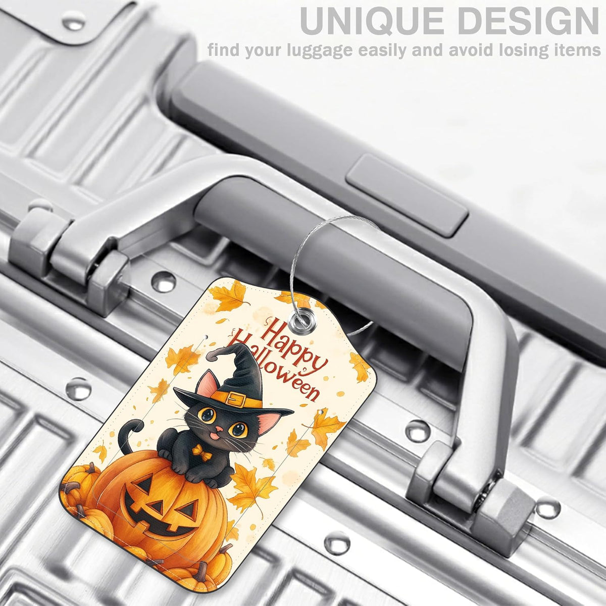 Halloween 2 Pack Luggage Tags for Suitcases Cute Black Cat on Pumpkin Leather Luggage Tags Privacy Cover ID Label with Stainless Steel Loop and Address Card for Women Men Travel Bag Backpack