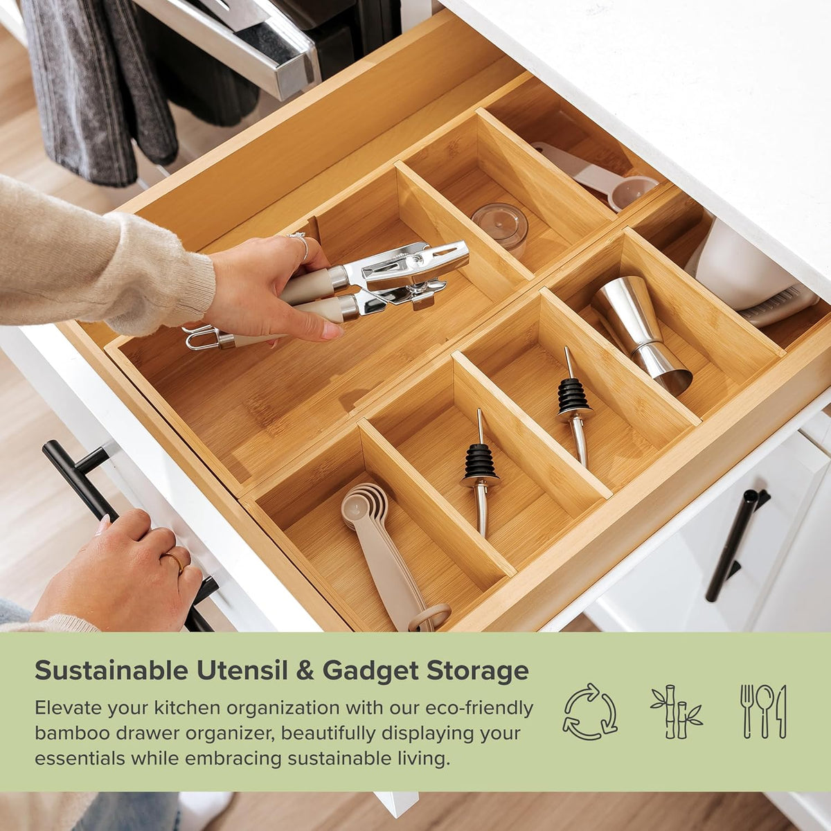 Premium Kitchen Utensils and Junk Drawer Organizer – Small 5-Compartment Design with 4 Removable Dividers, Non-Slip Feet, 100% Sustainable Bamboo