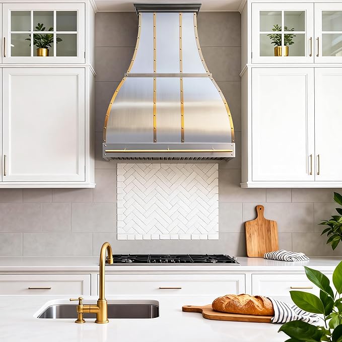 CHETTO C Stainless Steel Range Hood Cover with Quiet Vent Hood Insert Custom Handcrafted Metal Kitchen Fan with Towel Rack LED Light 54"W x21"D x30"H Brushed Stainless Steel Wall Mount