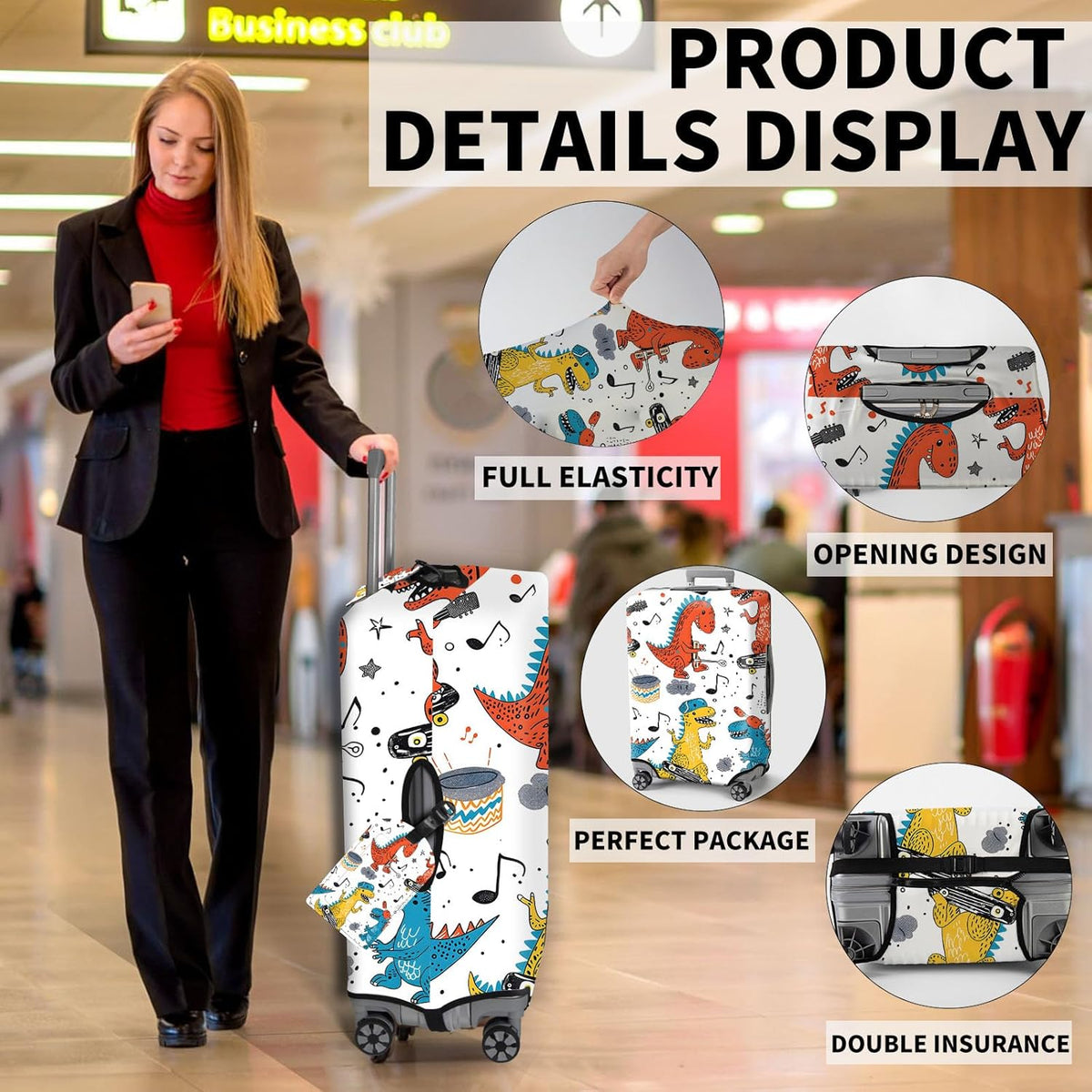 Travel Accessory - Cartoon Colorful Dinosaur Suitcase Cover Set, Zipper Close, Waterproof, Animal Print, 4 Spinner Wheels, Stretchable Strap, S (18-20 inch)
