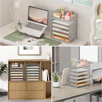 Subekyu 6 Tier Paper Organizer for Desk with Handle, Metal Mesh Desk Office File Folder Paper Letter Tray Accessories Organizer Sorter for Home, School, Office Desktop Document Organization - Silver