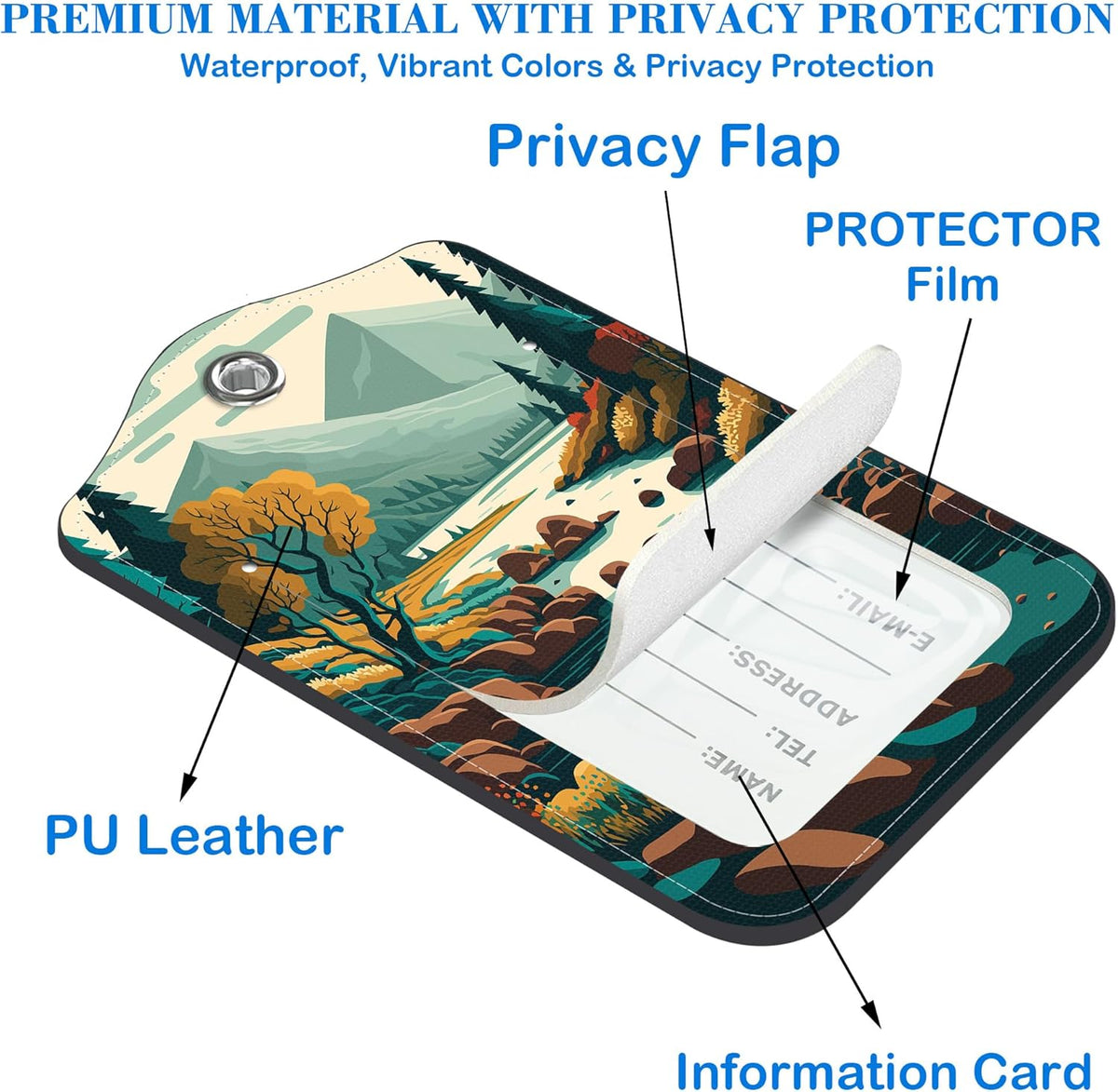 2 Pcs Luggage Tags for Suitcases, Forest River Mountain Leather Bag Tags for Luggage Privacy Cover Name ID Label with Stainless Steel Loop Cruise Airport Travel Essentials