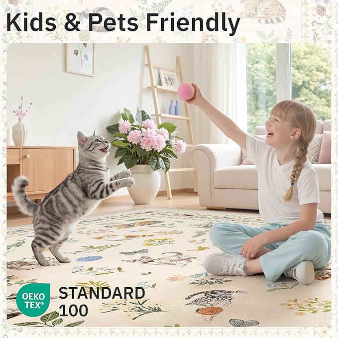 Soalmost Cat 8x10 Area Rugs for Living Room, Machine Washable Animal Floral Vintage Rug Non-Slip Low Pile Soft Throw Large Rugs for Bedroom Dining Room Kitchen Nursery Playroom (8 x 10,Beige)