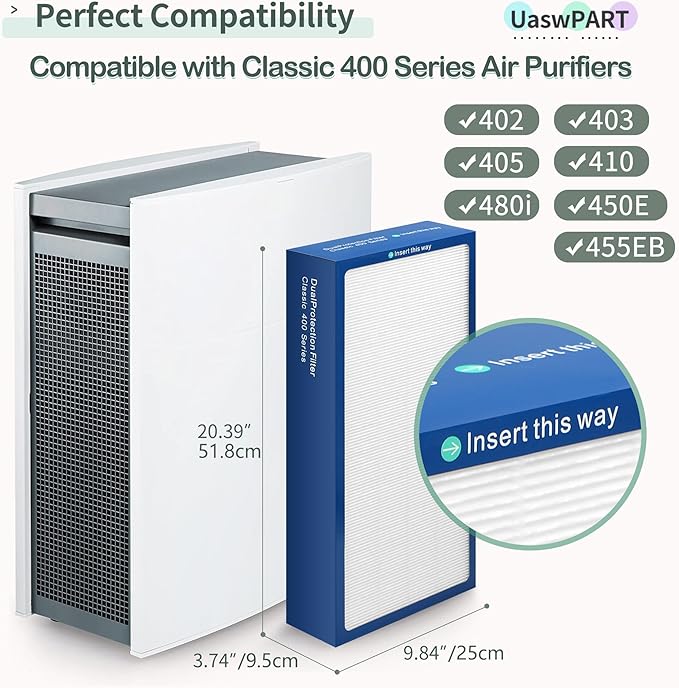 [Upgraded] Uaswpart Classic 400 Series Dualprotection Filter Compatible with Blueair Classic 400 Series Air Purifier Filter for Models 402 403 405 410 450E 455EB 480i, 2 Packs