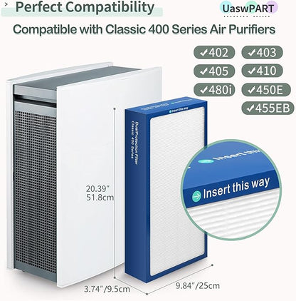 [Upgraded] Uaswpart Classic 400 Series Dualprotection Filter Compatible with Blueair Classic 400 Series Air Purifier Filter for Models 402 403 405 410 450E 455EB 480i, 2 Packs