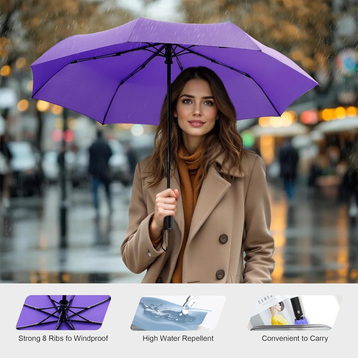 SoulRain Travel Umbrella - Compact Umbrella for Rain - Perfect Large Auto Folding Umbrella - Ideal Car umbrella, Small umbrella, and Travel Companion