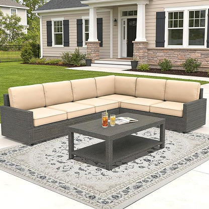 14 Pcs Outdoor Replacement Cushions for Patio Furniture, All Weather Water Resistant Cushion for 6 Seat Rattan Wicker Sectional Patio Conversation Sets and Couch (Khaki)