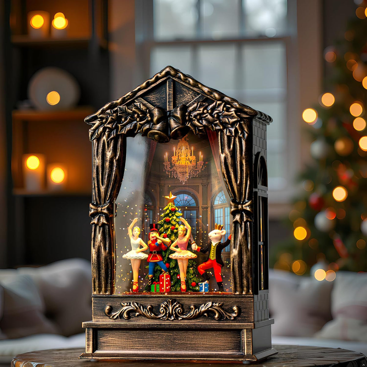 Christmas Snow Globe Lantern Water Glittering Nutcracker Ballet Theatre with Music & Timer, USB Lined/Battery Operated Lighted Lantern for Christmas Festival Decoration Gifts