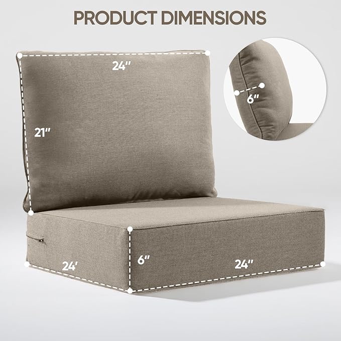 6" Thick Outdoor Cushion, 24*24*6" Patio Furniture Cushions with Waterproof Patio Furniture Cushions with Removable Cover, 28D High Density Patio Cushion for Outdoor Furniture, Gray-4pcs