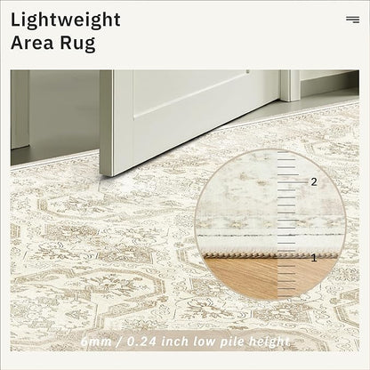 Soalmost 9x12 Area Rugs for Living Room, Non Slip Machine Washable Vintage Rugs, Low Pile Lightweight Large Rug for Bedroom, Dining Room, Home Office Beige/Brown