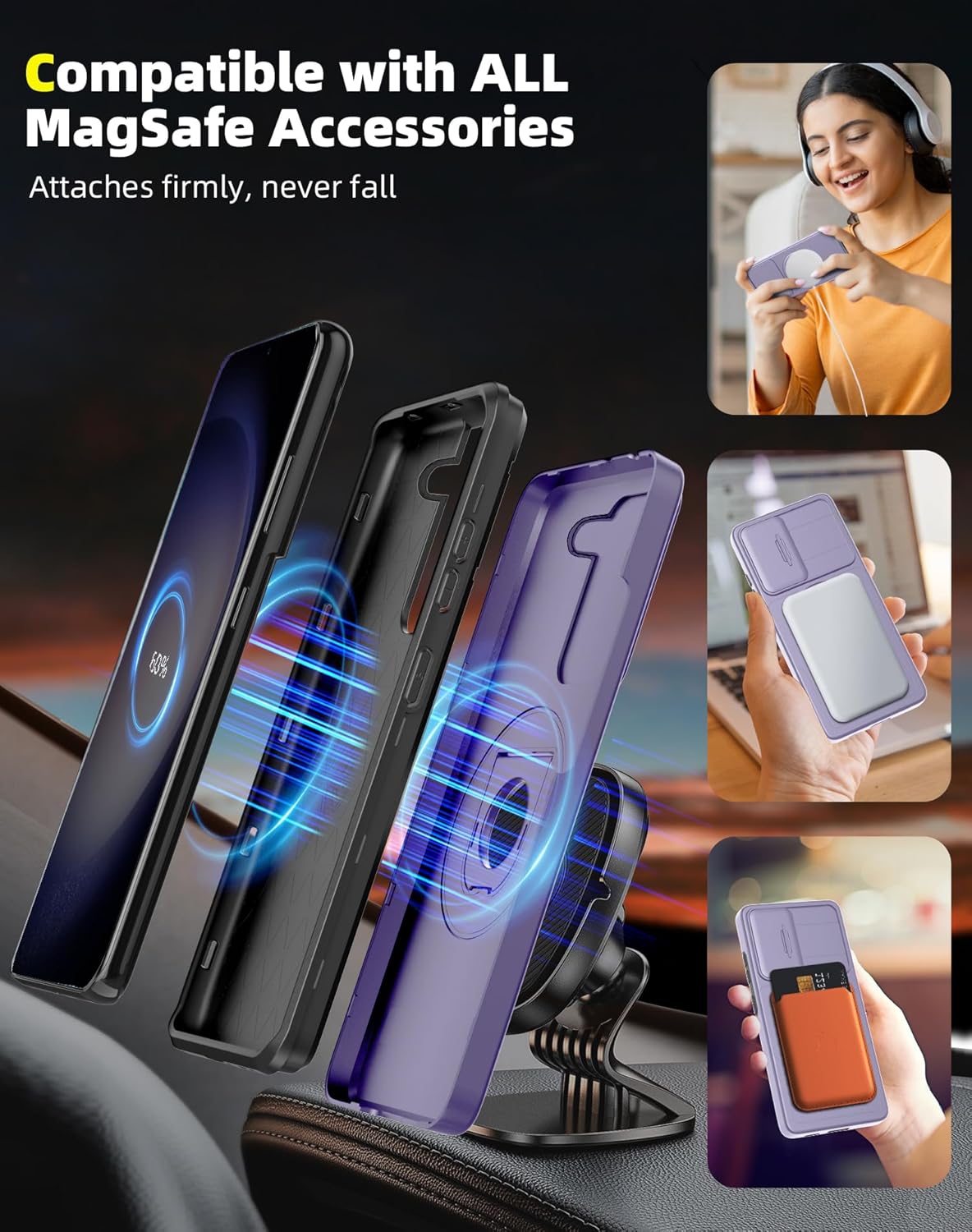 for Samsung Galaxy S23Plus Case Magnetic Compatible with MagSafe Wireless Charging,with Screen Protector,for S23+Plus Case with Stand Ring+Camera Cover Shockproof Heavy Duty Protection Purple