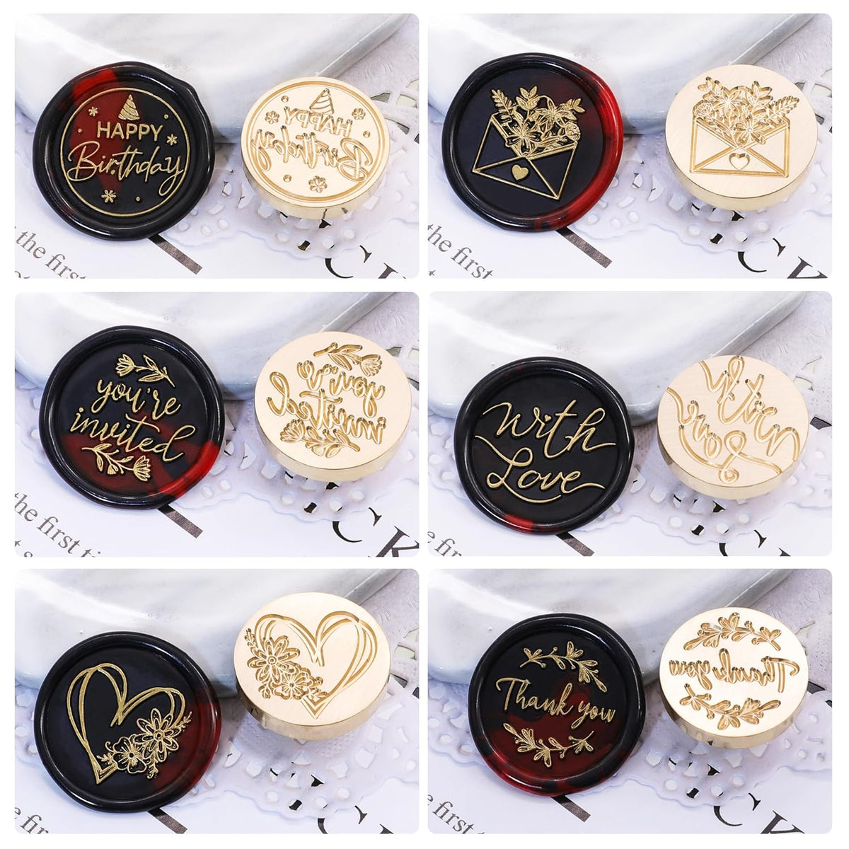 SWANGSA Blessing Wax Seal Stamp Gift Box Set, Vintage 6 Sealing Stamp Heads and 1 Wooden Hilt for Wedding, Party Invitations, Envelops, Christmas Cards and Gift (Phrases Kit)