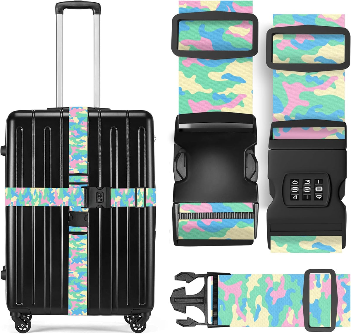 2 Pack Luggage Straps, Adjustable Cute Printing with Combination Lock Luggage Straps for Women Men Travel School Business Trips-Camouflage