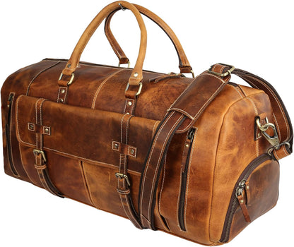 KomalC Leather Duffel Bags for Men and Women Full Grain Leather Travel Overnight Weekend Leather Bags Sports Gym Duffel for Men (Distressed Tan, 28 Inch)