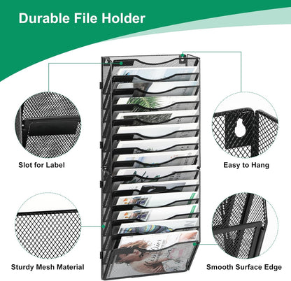 14-Pocket Wall File Organizer, Hanging Mail Organizer Wall Mounted Paper Document Holder, Metal Clipboard Storage Basket for Office Home School Organization, Black