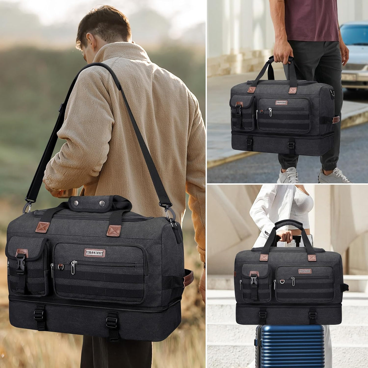 WITZMAN Duffle Bag for Men 50L Canvas Weekender Overnight Bag with Toiletry Bag Sets Travel Duffel Bag Shoes Compartment（A8010-2 Black）