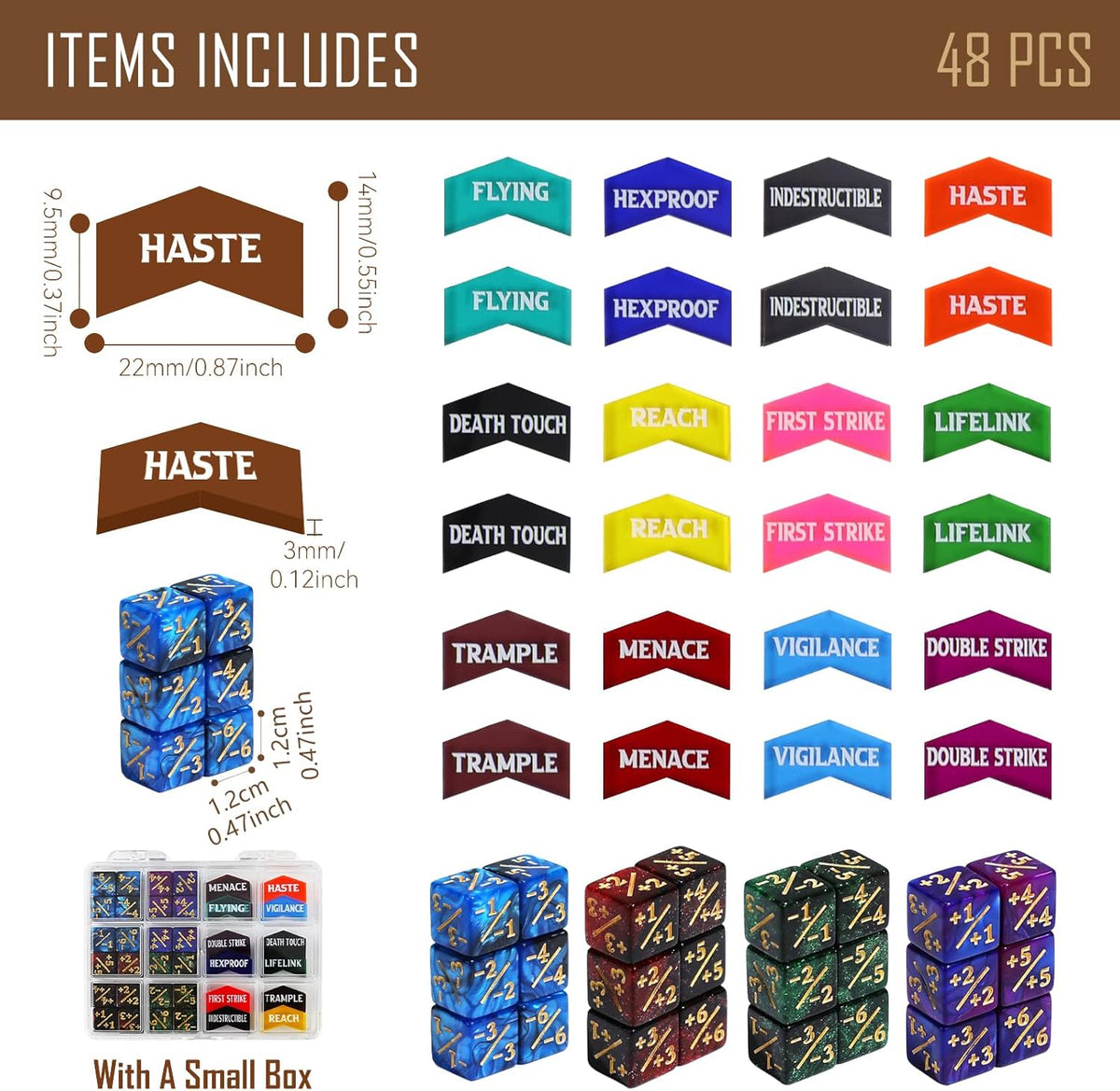 48PCS MTG Tokens & 12mm Dice Counter for Magic The Gatering, MTG Abilities Keyword Buff Tokens Life Counters 6 Sided Dice, Compatible with TCG Card Gaming Accessories CCG Creature Stats