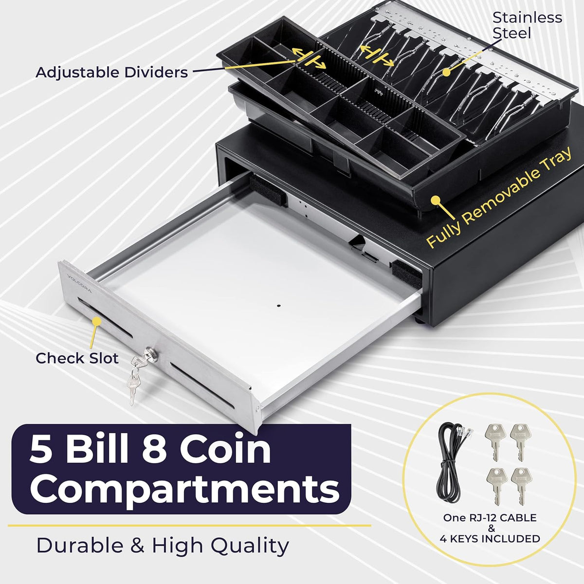 Volcora 16" Manual Push Open Cash Register Drawer for Point of Sale (POS) System - Black and Stainless Steel Front Touch Panel - Durable Cash Drawer with Removable Tray, 5 Bills and 8 Coin Slots