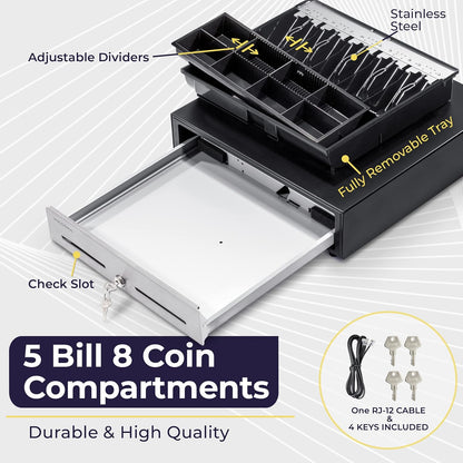 Volcora 16" Manual Push Open Cash Register Drawer for Point of Sale (POS) System - Black and Stainless Steel Front Touch Panel - Durable Cash Drawer with Removable Tray, 5 Bills and 8 Coin Slots