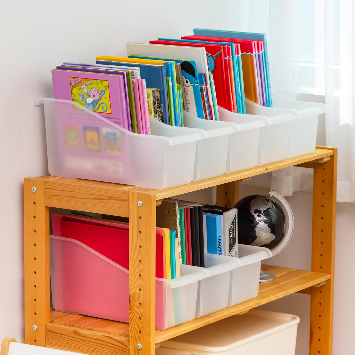 IRIS USA Plastic Book Bin Magazine Holder, 8-Pack, Vertical Standing Connecting Container Box for Office Dorm Study Homework Binder Notebook File Craft Stationery Supplies Organizer Caddy, Clear