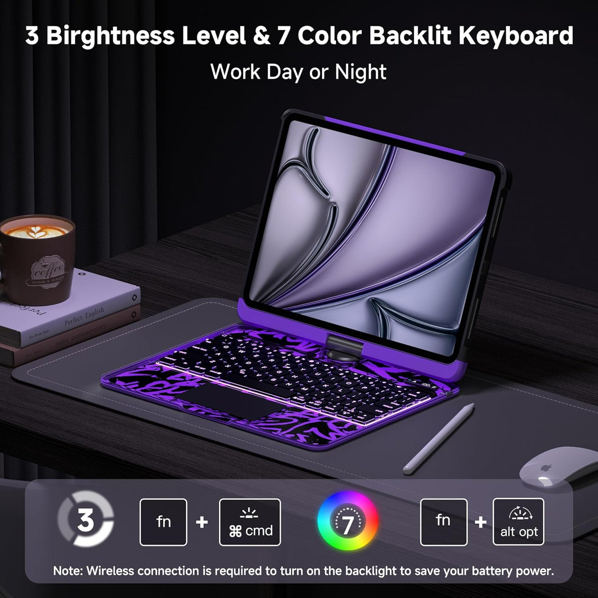 iPad Keyboard Case for iPad 10th Gen (2022) & 11th (A16, 2025), Magic Wireless Keyboard with Trackpad 7 Color Backlit 360° Rotating Stand Transparent Protective Cover with Pencil Holder (Purple)