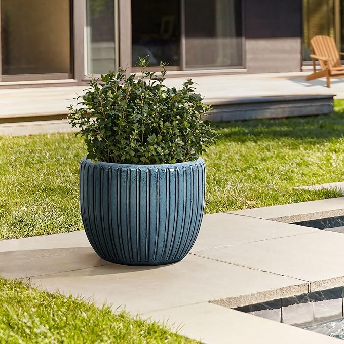 LuxenHome 11" Dia Ceramic Planters, Indoor Outdoor Large Plant Pots with Drainage Holes and Rubber Plug, Modern Glazed Decorative Flower Pots, Sea Green Ribbed Round Planters for Home Garden Patio