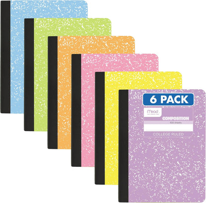 Mead Composition Notebook, College Ruled 7.5" x 9.75" Paper, 100 Sheets, Assorted Colors, 6 Pack (850106-ECM)