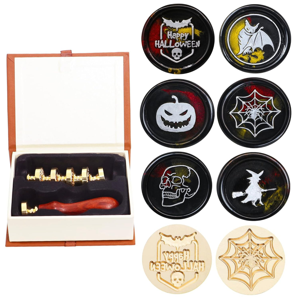 SWANGSA Halloween Wax Seal Stamp Set, Vintage 6 Pieces Sealing Wax Stamp Heads and 1 Wooden Handle for Halloween Party Invitations, Letters, Envelopes, Christmas (Halloween Set)