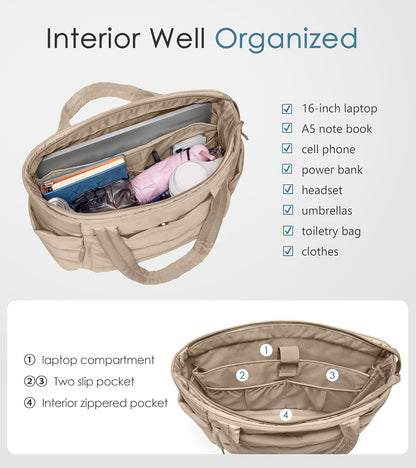 Tote Bag for Women with Zipper, Quilted Puffer Tote Bag with Compartments, Lightweight Puffy Work Bags for Women Travel