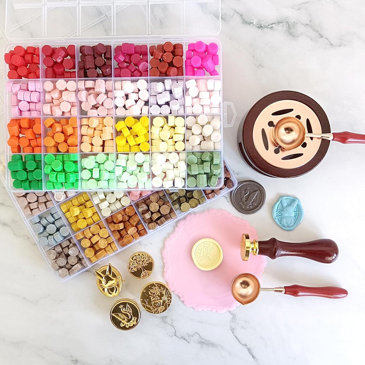 Upgraded Wax Seal Stamp Kit,Wax Seal Kit with Storage Box,48 Color 1200 Pcs Sealing Beads with 4 Pcs Seal Stamps,Warmer,Spoon,Envelopes, Candles, Metallic Pen for Wedding Invitation,DIY Crafts