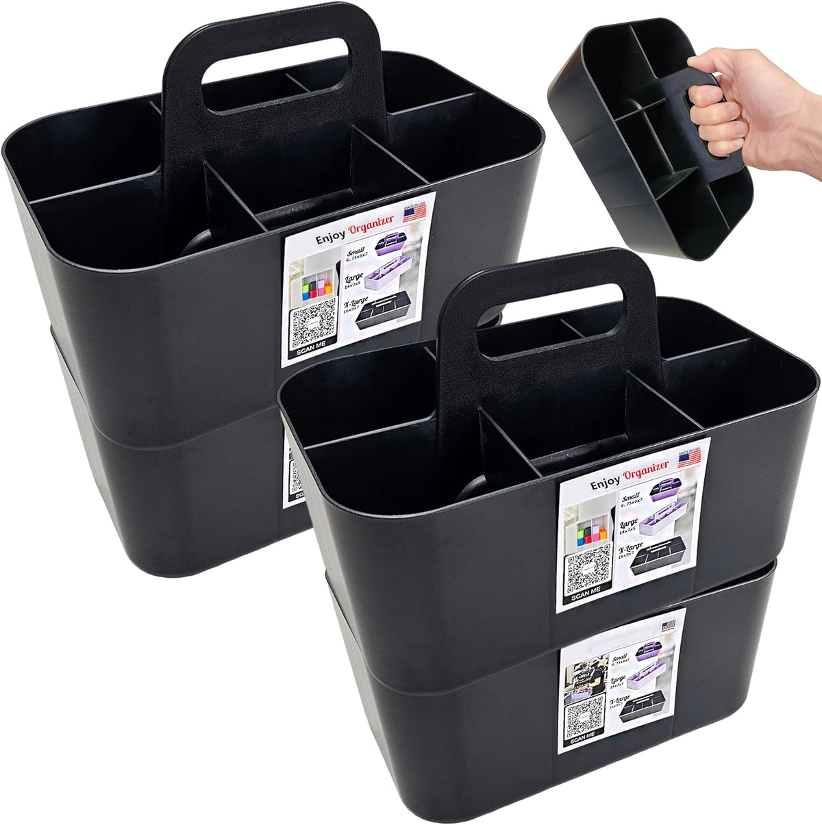 Small Stackable Plastic Caddy with Handle 6 Compartment | Desk, Makeup, Dorm Caddy, Classroom Art Organizers - 4 Pack, Made In USA (Black)