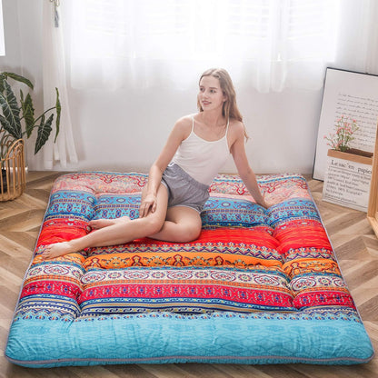 MAXYOYO Bohemian Retro Floor Mattress Vintage Floral Japanese Futon Mattress Roll Up Tatami Floor Mat Foldable Bed Portable Camping Mattress Sleeping Pad Floor Lounger Couch Bed Queen Size