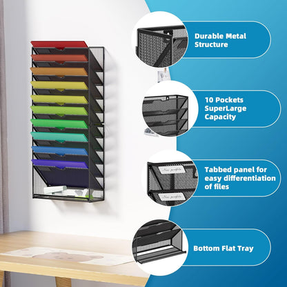 Marbrasse Wall File Holder 11-Tier Hanging Wall File Organizer, for Papers, Files Clipboard & Magazine Organizer, Wall Mount File Holder Great for Office Home (Black)