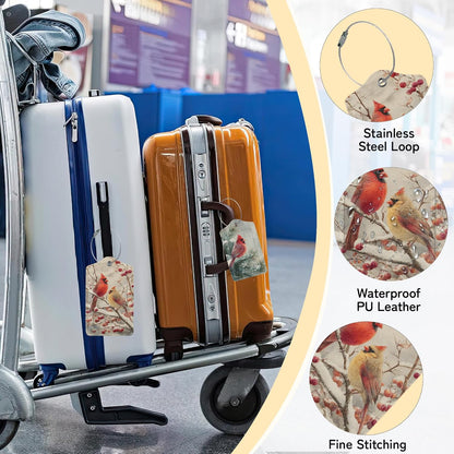 3 Pack PU Red Cardinal Birds Leahter Luggage Tag with Stainless Steel Loop,Travel Suitcase Labels with Privacy Cover ID Label Quickly Spot for Bags