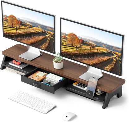 Dual Monitor Stand Riser,LED 2-Tier 39.3 Inch Computer Monitor Stand for 2 Monitors,Office Desktop Organizer with Storage Drawer and Phone Holder for Laptop,PC,Computer,Printer,Walnut